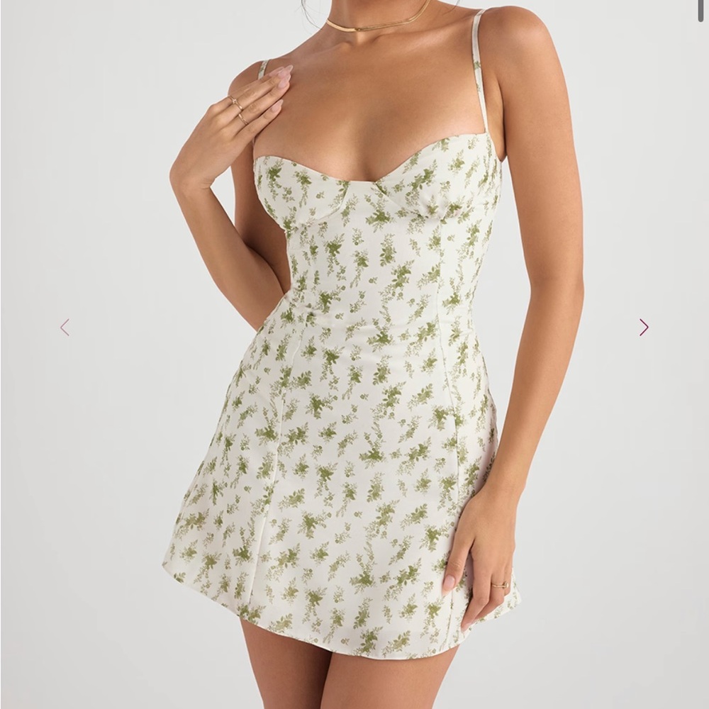House of CB White Dress with Green Floral Design
